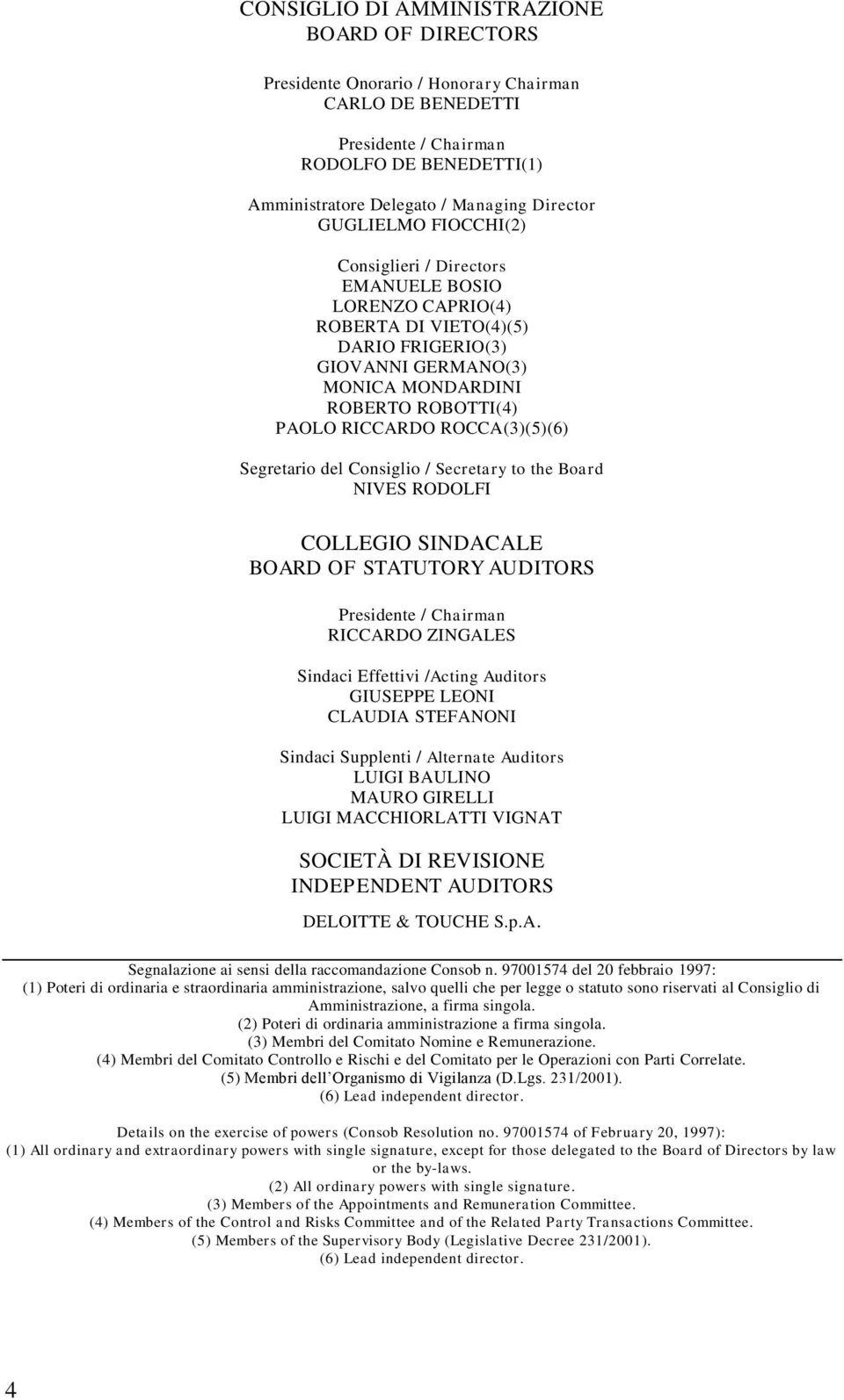 ROCCA(3)(5)(6) Segretario del Consiglio / Secretary to the Board NIVES RODOLFI COLLEGIO SINDACALE BOARD OF STATUTORY AUDITORS Presidente / Chairman RICCARDO ZINGALES Sindaci Effettivi /Acting