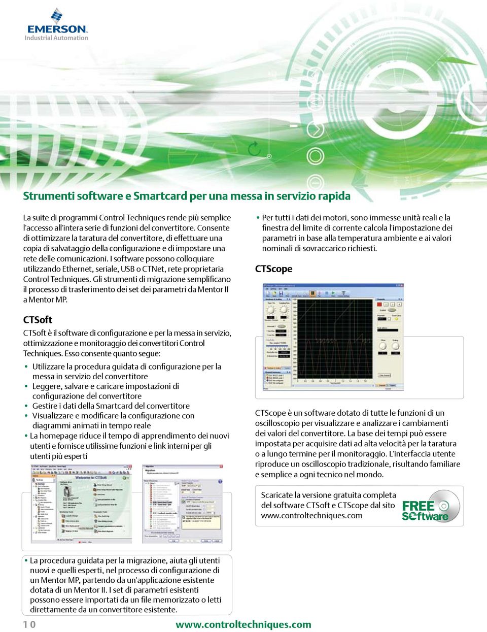 I software possono colloquiare utilizzando Ethernet, seriale, USB o CTNet, rete proprietaria Control Techniques.