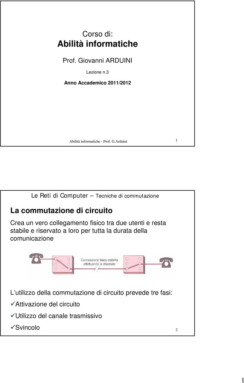 Arduini 1 Le Reti di Computer Tecniche di commutazione La commutazione di circuito Crea un vero collegamento