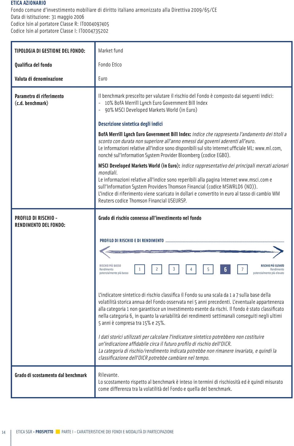 benchmark prescelto per valutare il rischio del Fondo è composto dai seguenti indici: 10% BofA Merrill Lynch Euro Government Bill Index 90% MSCI Developed Markets World (in Euro) Descrizione