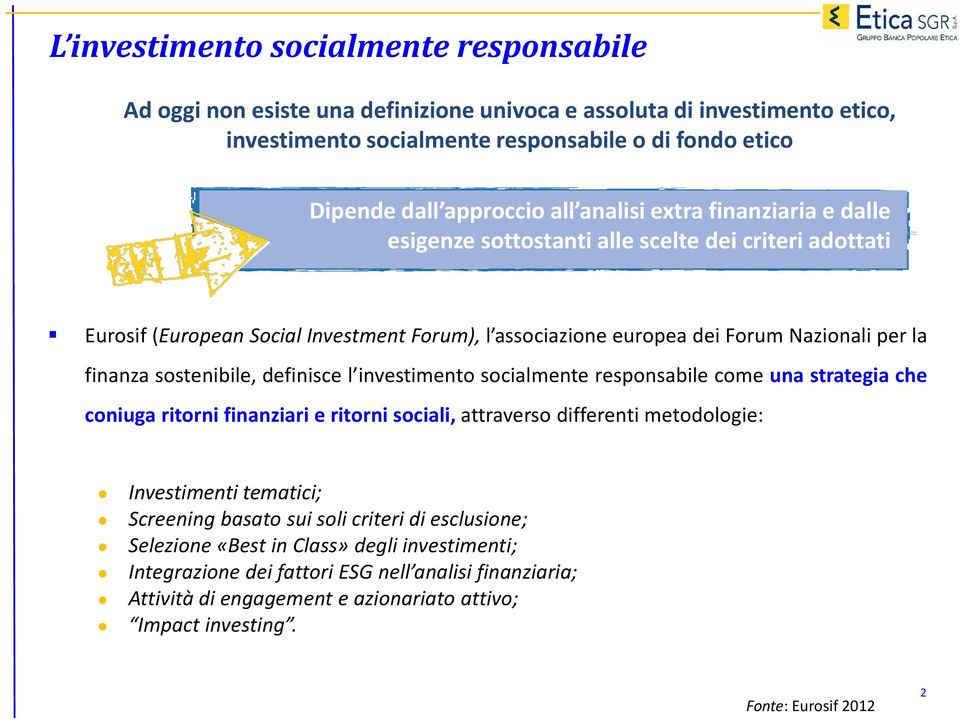 sostenibile, definisce l investimento socialmente responsabile come una strategia che coniuga ritorni finanziari e ritorni sociali, attraverso differenti metodologie: Investimenti tematici; Screening