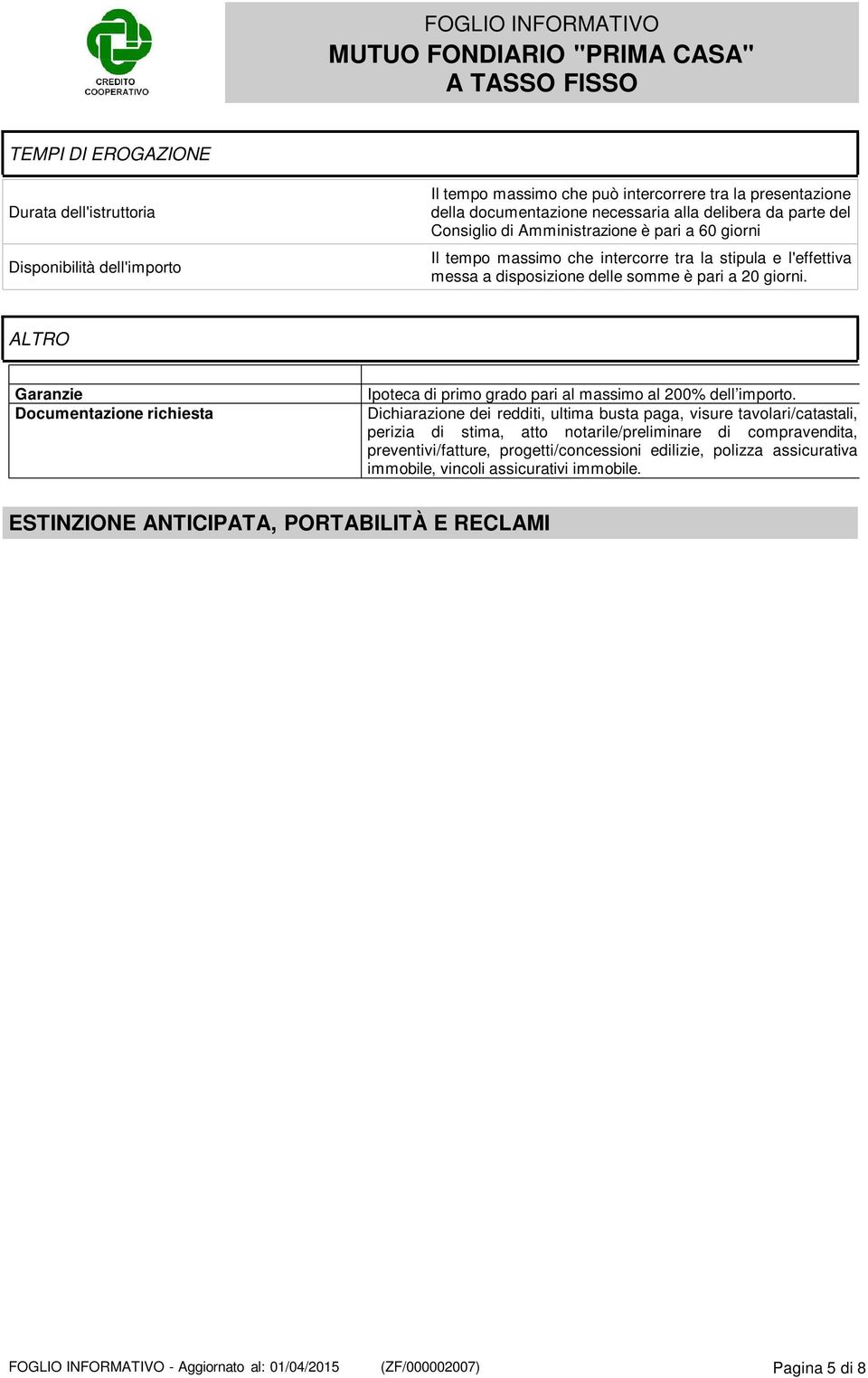 ALTRO Garanzie Documentazione richiesta Ipoteca di primo grado pari al massimo al 200% dell importo.