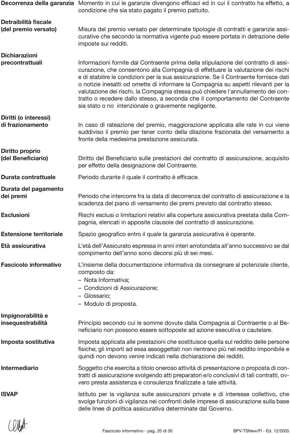 Esclusioni Estensione territoriale Età assicurativa Fascicolo informativo Impignorabilità e insequestrabilità Imposta sostitutiva Intermediario ISVAP Misura del premio versato per determinate