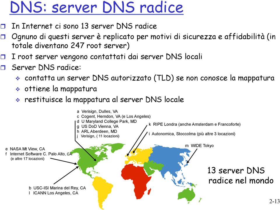 locale a Verisign, Dulles, VA c Cogent, Herndon, VA (e Los Angeles) d U Maryland College Park, MD g US DoD Vienna, VA k RIPE Londra (anche Amsterdam e Francoforte) h ARL Aberdeen, MD i Autonomica,