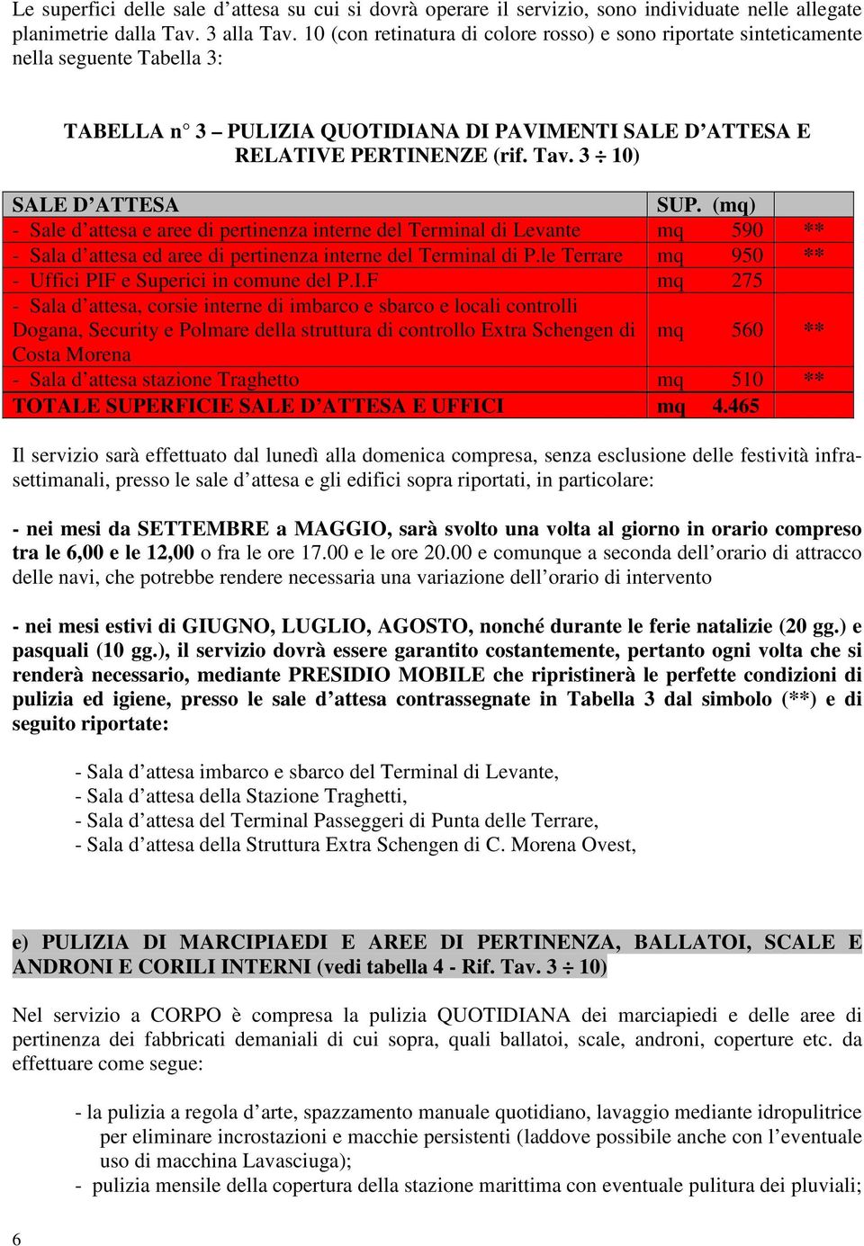 3 10) SALE D ATTESA SUP. (mq) - Sale d attesa e aree di pertinenza interne del Terminal di Levante mq 590 ** - Sala d attesa ed aree di pertinenza interne del Terminal di P.