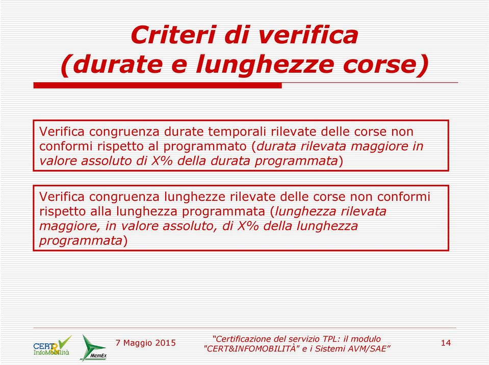 durata programmata) Verifica congruenza lunghezze rilevate delle corse non conformi rispetto alla