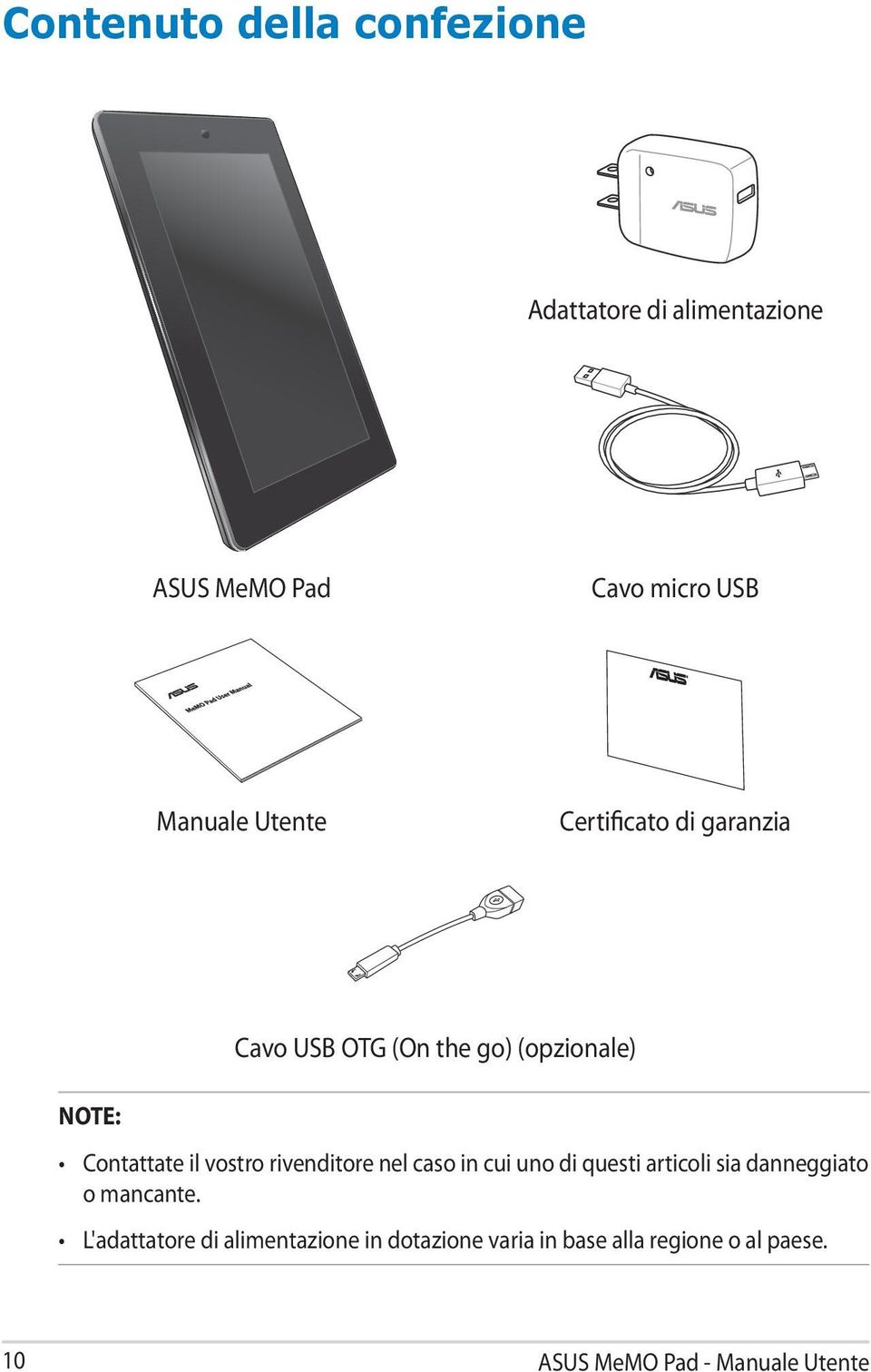 rivenditore nel caso in cui uno di questi articoli sia danneggiato o mancante.