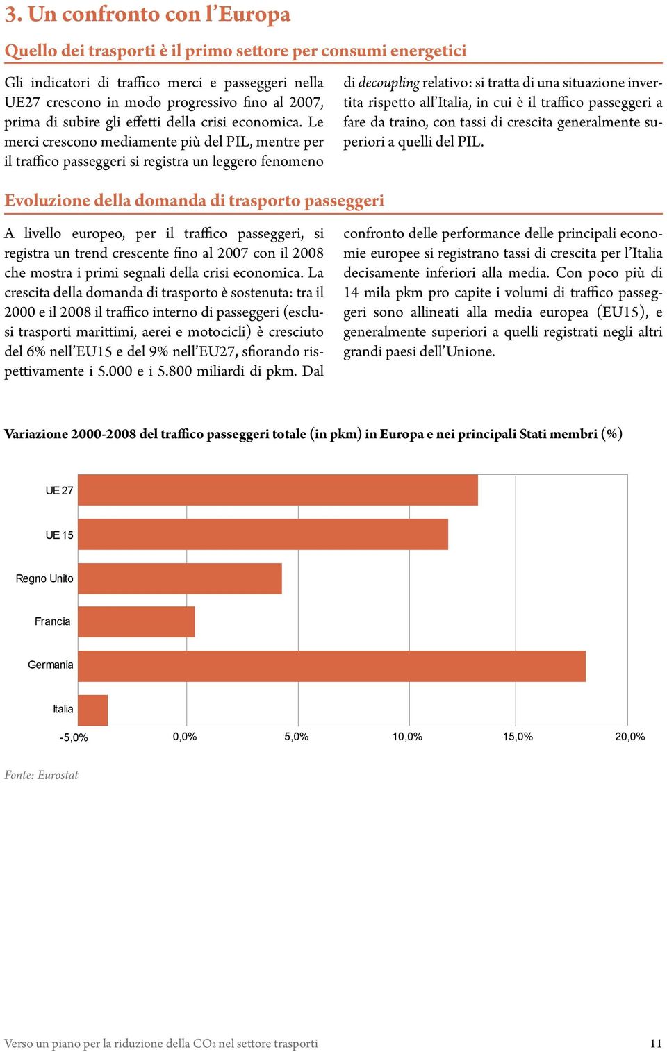 Le merci crescono mediamente più del PIL, mentre per il traffico passeggeri si registra un leggero fenomeno Evoluzione della domanda di trasporto passeggeri di decoupling relativo: si tratta di una