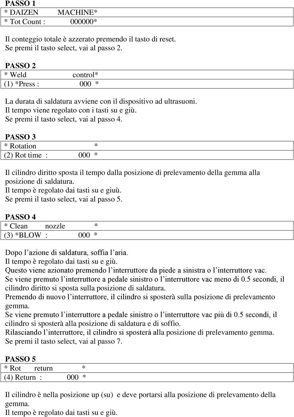 PASSO 3 * Rotation * (2) Rot time : 000 * Il cilindro diritto sposta il tempo dalla posizione di prelevamento della gemma alla posizione di saldatura. Il tempo è regolato dai tasti su e giuù.