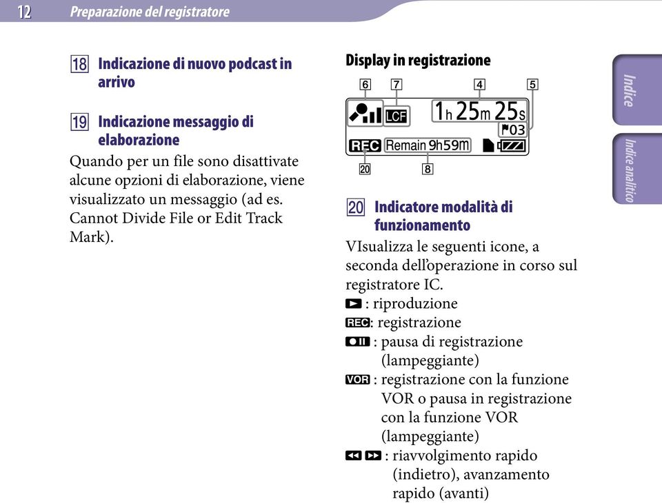 Display in registrazione Indicatore modalità di funzionamento VIsualizza le seguenti icone, a seconda dell operazione in corso sul registratore IC.