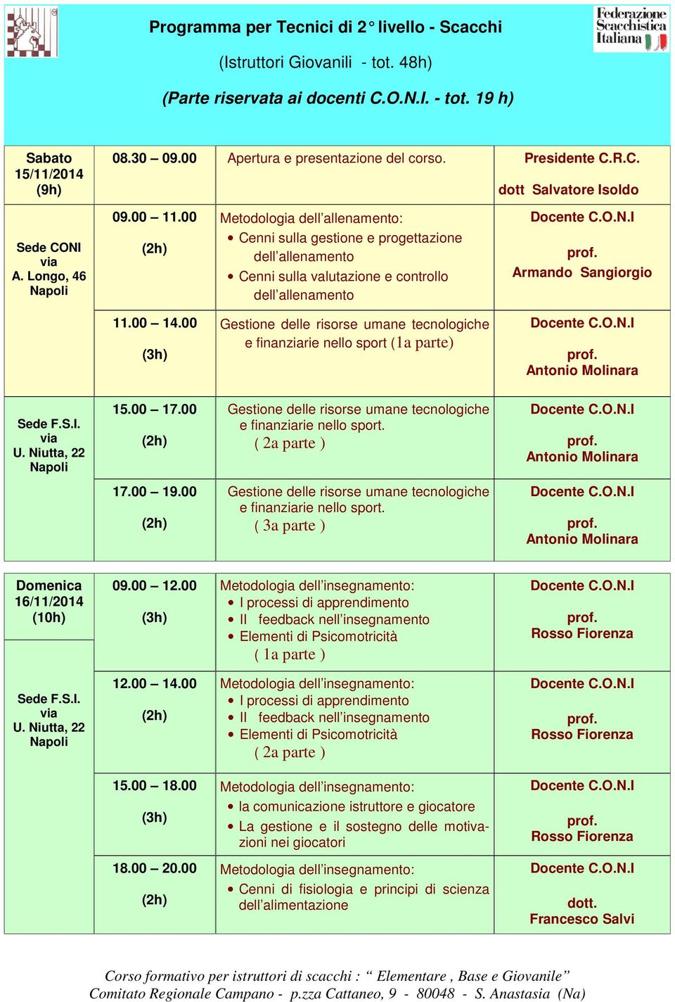 Longo, 46 Metodologia dell allenamento: Cenni sulla gestione e progettazione dell allenamento Cenni sulla valutazione e controllo dell allenamento Armando Sangiorgio 11.00 14.