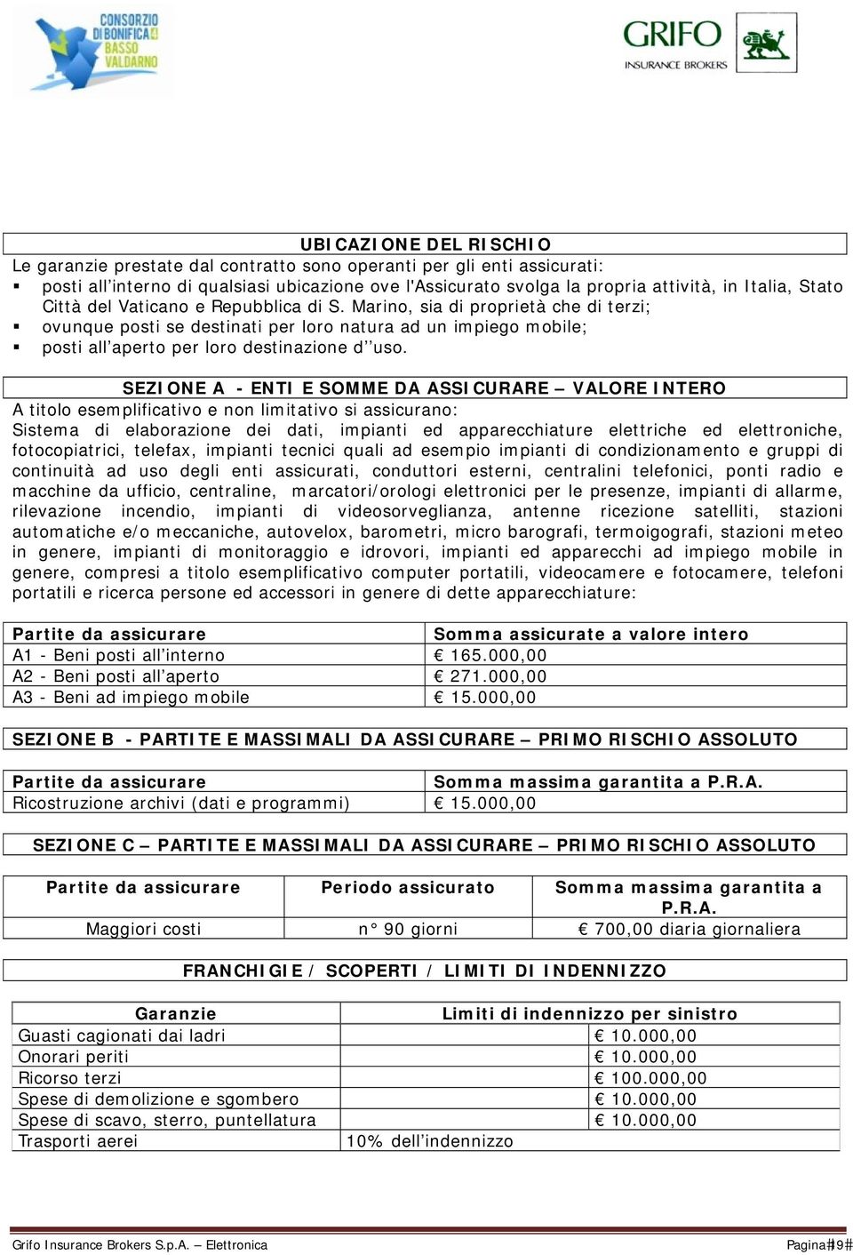 SEZIONE A - ENTI E SOMME DA ASSICURARE VALORE INTERO A titolo esemplificativo e non limitativo si assicurano: Sistema di elaborazione dei dati, impianti ed apparecchiature elettriche ed elettroniche,