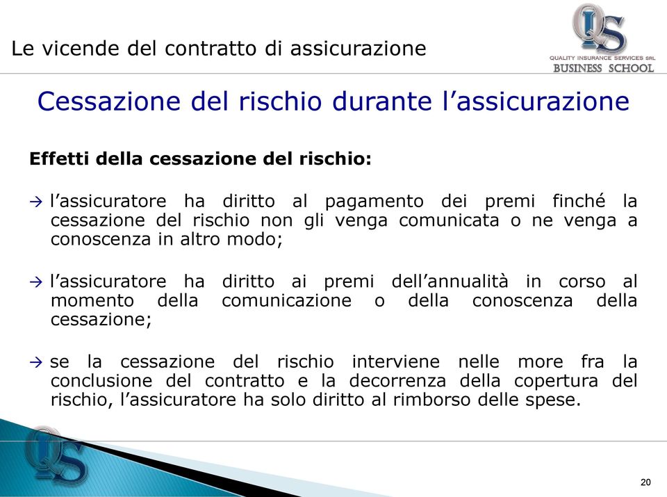 diritto ai premi dell annualità in corso al momento della comunicazione o della conoscenza della cessazione; se la cessazione del rischio