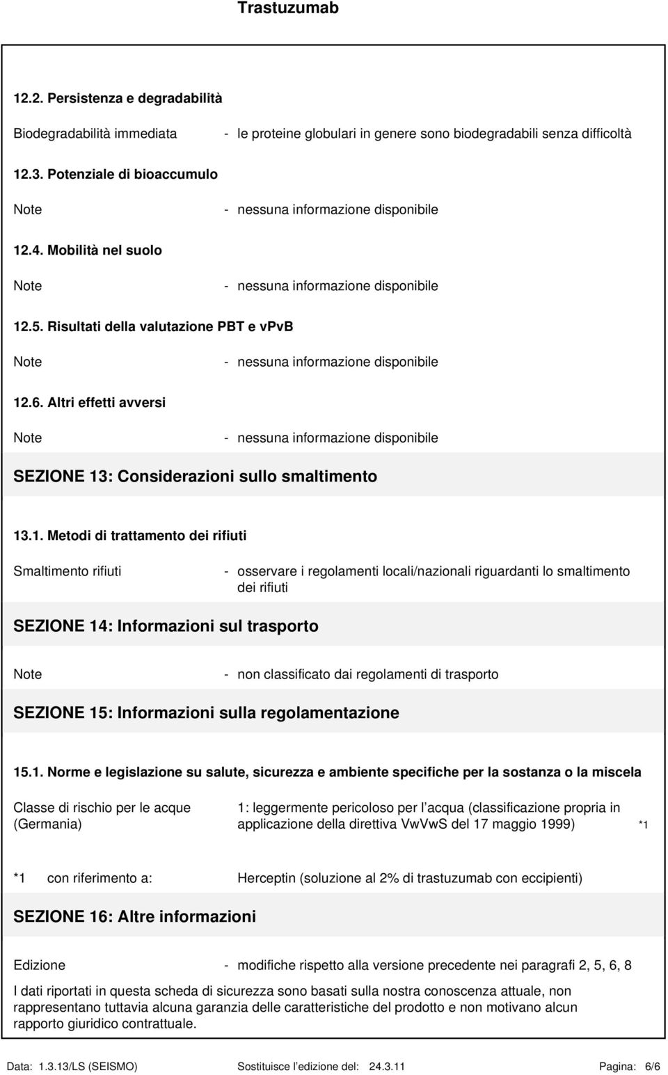 .6. Altri effetti avversi SEZIONE 13