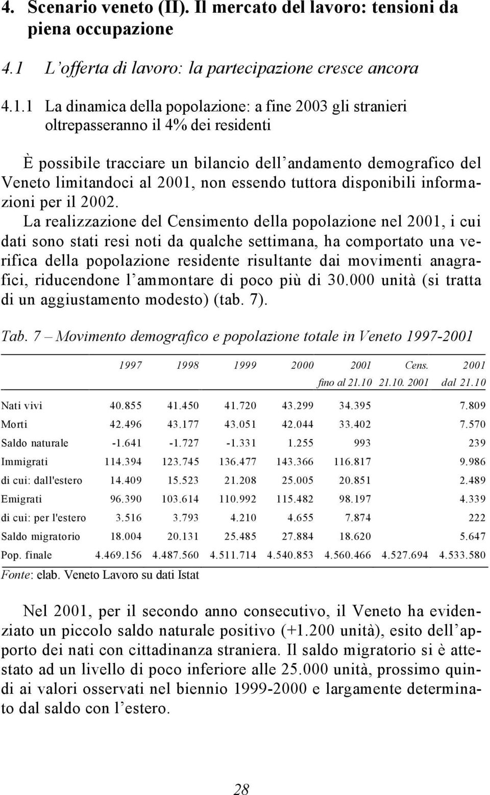 1 La dinamica della popolazione: a fine 2003 gli stranieri oltrepasseranno il 4% dei residenti È possibile tracciare un bilancio dell andamento demografico del Veneto limitandoci al 2001, non essendo