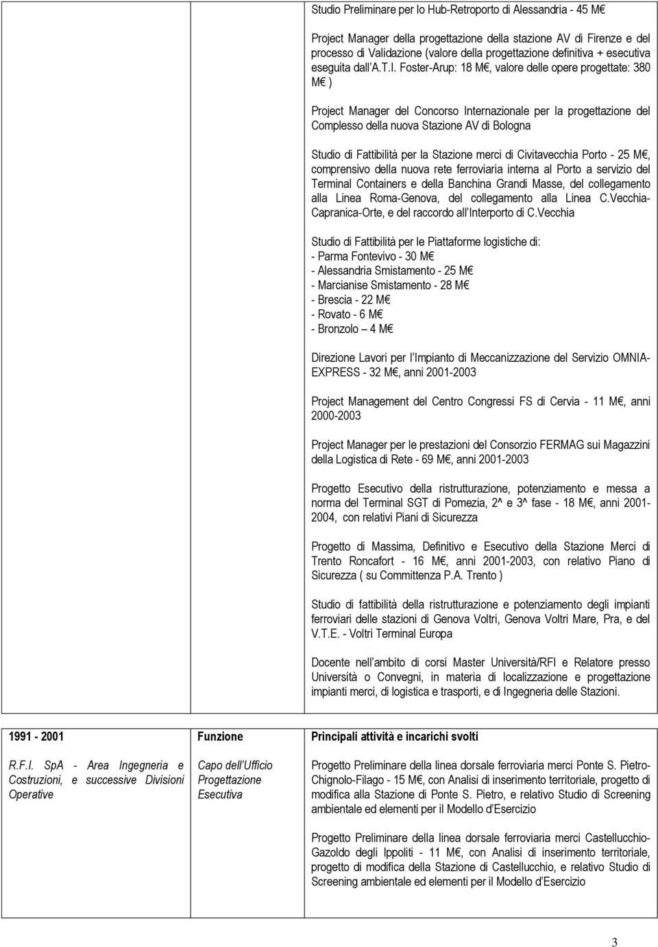 Foster-Arup: 18 M, valore delle opere progettate: 380 M ) Project Manager del Concorso Internazionale per la progettazione del Complesso della nuova Stazione AV di Bologna Studio di Fattibilità per