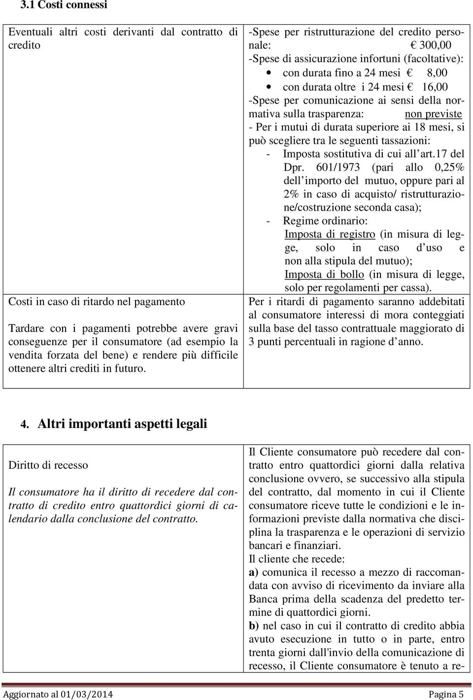 -Spese per ristrutturazione del credito personale: 300,00 -Spese di assicurazione infortuni (facoltative): con durata fino a 24 mesi 8,00 con durata oltre i 24 mesi 16,00 -Spese per comunicazione ai