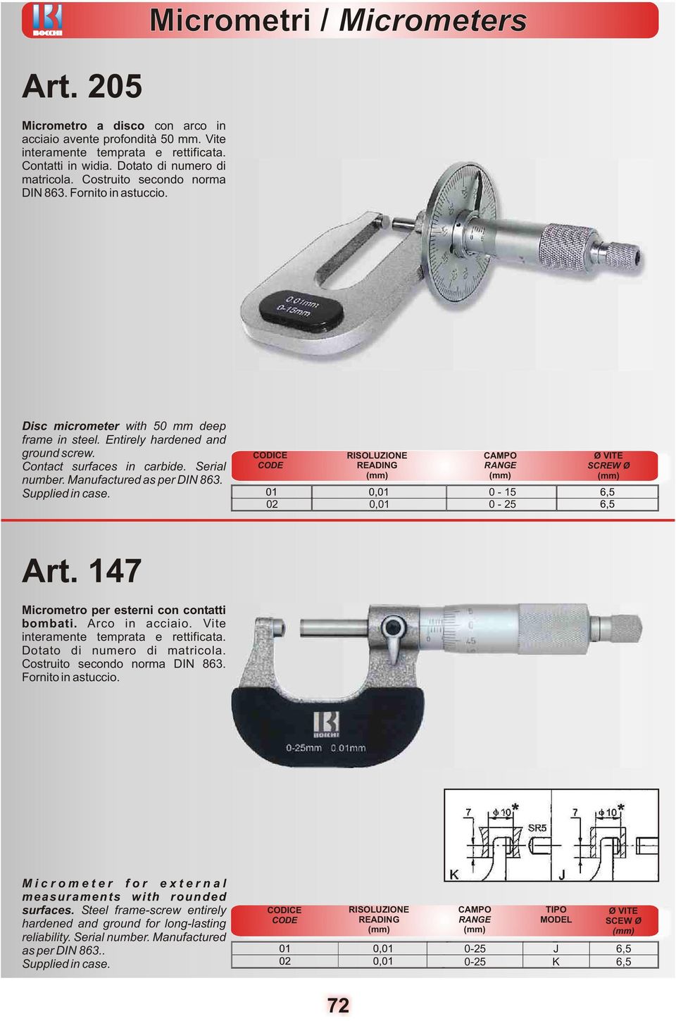 147 Micrometro per esterni con contatti bombati. Arco in acciaio. Vite interamente temprata e rettificata. Dotato di numero di matricola. Costruito secondo norma DIN 63.