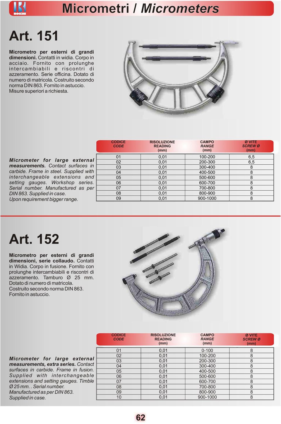 Supplied with interchangeable extensions and setting gauges. Workshop series. Serial number. Manufactured as per DIN 63. Supplied in case. Upon requirement bigger range.