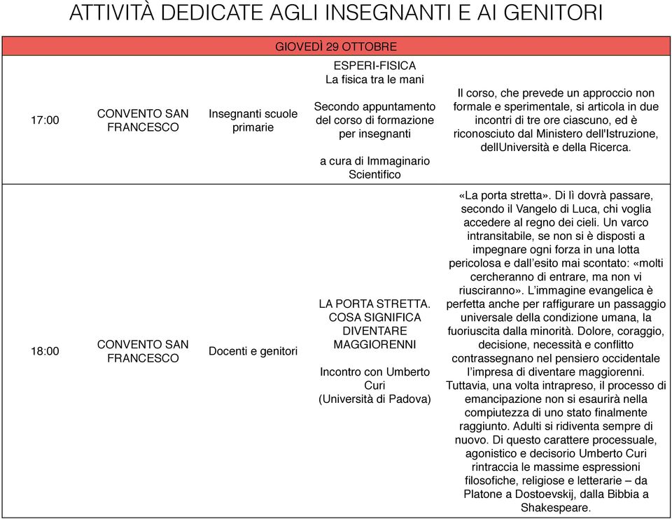 delluniversità e della Ricerca. 18:00 Docenti e genitori LA PORTA STRETTA. COSA SIGNIFICA DIVENTARE MAGGIORENNI Incontro con Umberto Curi (Università di Padova) «La porta stretta».