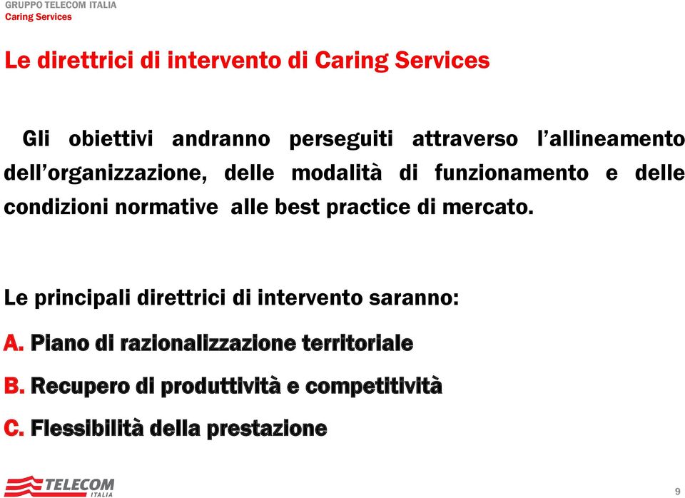 practice di mercato. Le principali direttrici di intervento saranno: A.