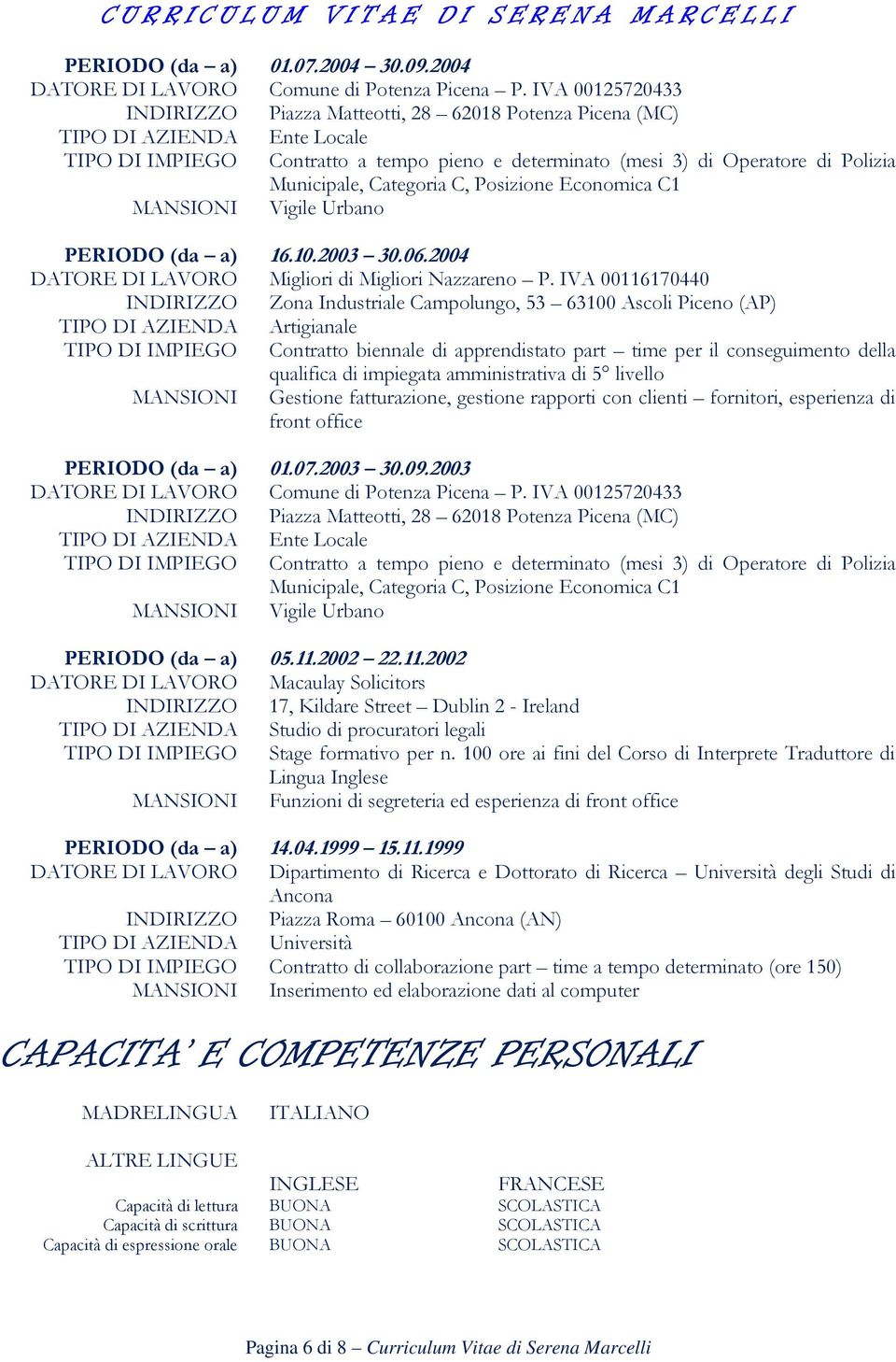 Categoria C, Posizione Economica C1 MANSIONI Vigile Urbano PERIODO (da a) 16.10.2003 30.06.2004 DATORE DI LAVORO Migliori di Migliori Nazzareno P.