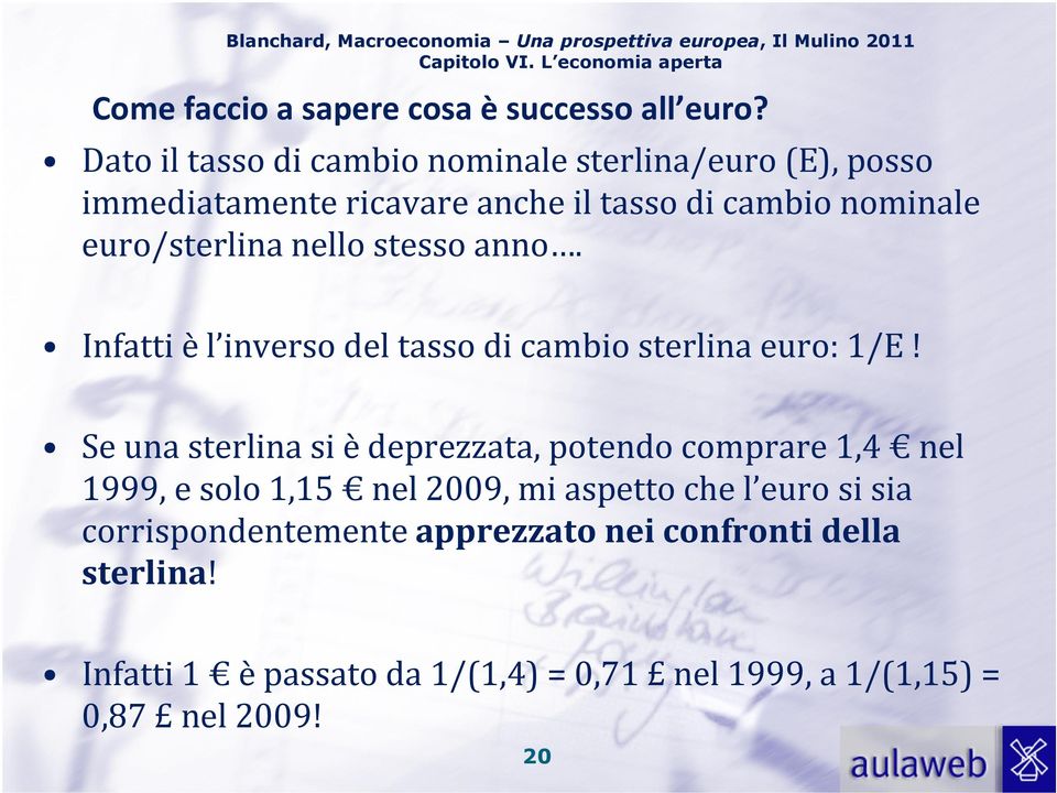 euro/sterlina nello stesso anno. Infatti è l inverso del tasso di cambio sterlina euro: 1/E!