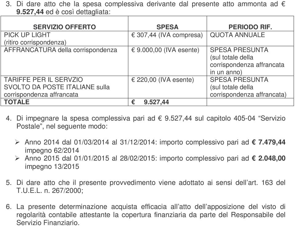 000,00 (IVA esente) SPESA PRESUNTA corrispondenza affrancata in un anno) TARIFFE PER IL SERVZIO SVOLTO DA POSTE ITALIANE sulla corrispondenza affrancata 220,00 (IVA esente) SPESA PRESUNTA