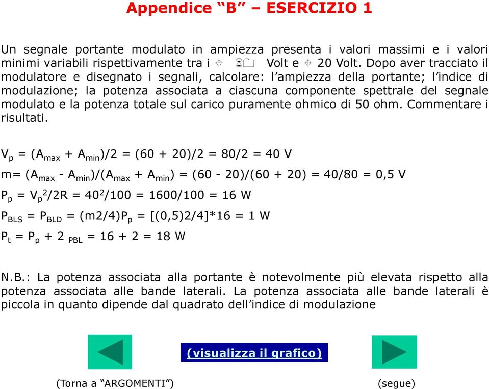 potenza totale sul carico puramente ohmico di 50 ohm. Commentare i risultati.