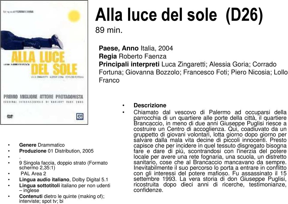 Produzione 01 Distribution, 2005. 9 Singola faccia, doppio strato (Formato schermo 2,35:1) PAL Area 2 Lingua audio italiano, Dolby Digital 5.