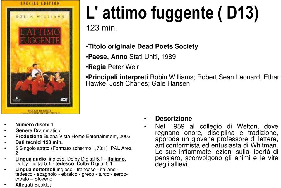 Produzione Buena Vista Home Entertainment, 2002 Dati tecnici 123 min. 5 Singolo strato (Formato schermo 1,78:1) PAL Area 2 Lingua audio inglese, Dolby Digital 5.1 - italiano, Dolby Digital 5.