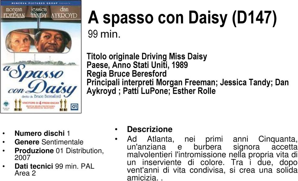 Jessica Tandy; Dan Aykroyd ; Patti LuPone; Esther Rolle Genere Sentimentale Produzione 01 Distribution, 2007 Dati tecnici 99 min.