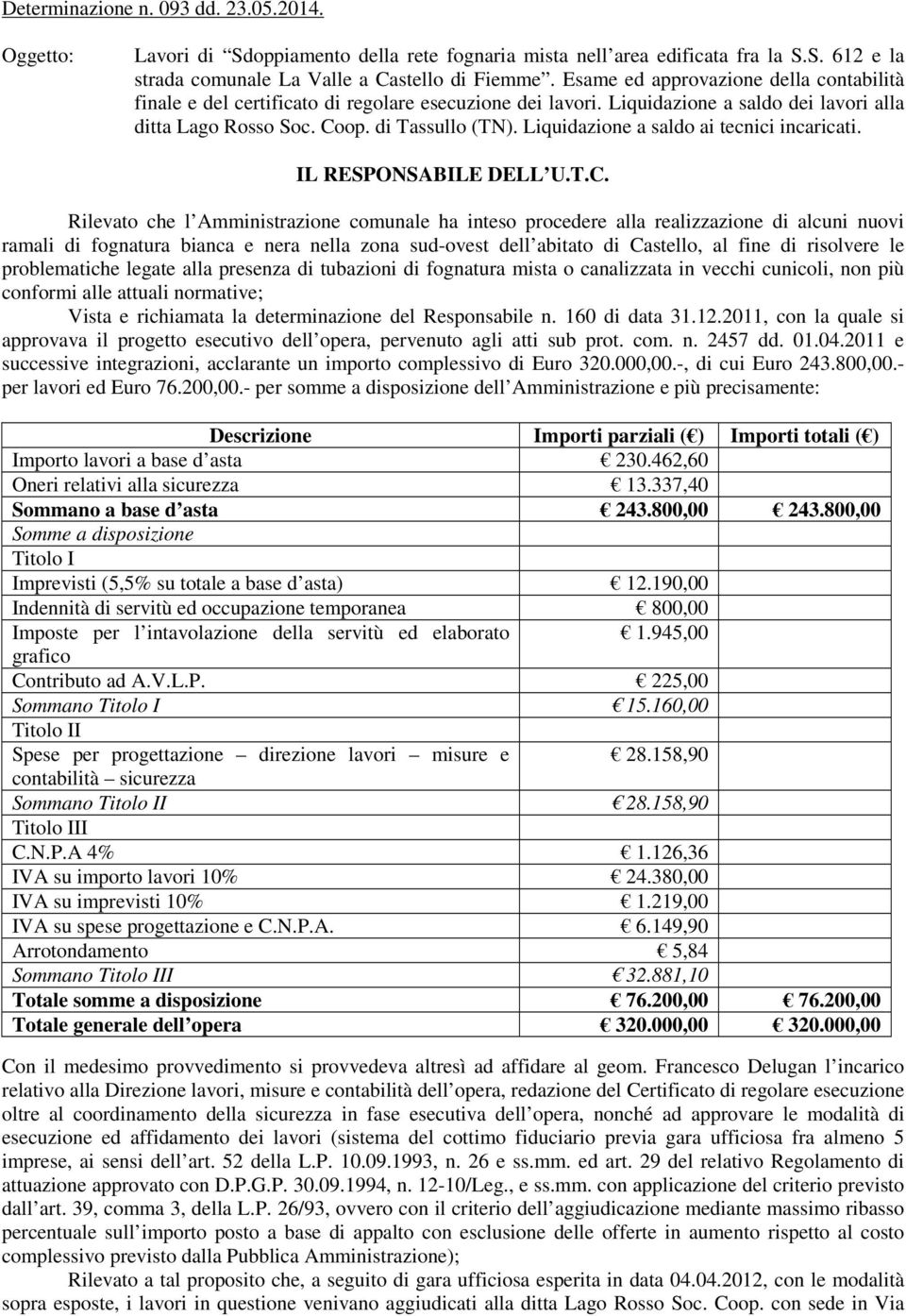 Liquidazione a saldo ai tecnici incaricati. IL RESPONSABILE DELL U.T.C.