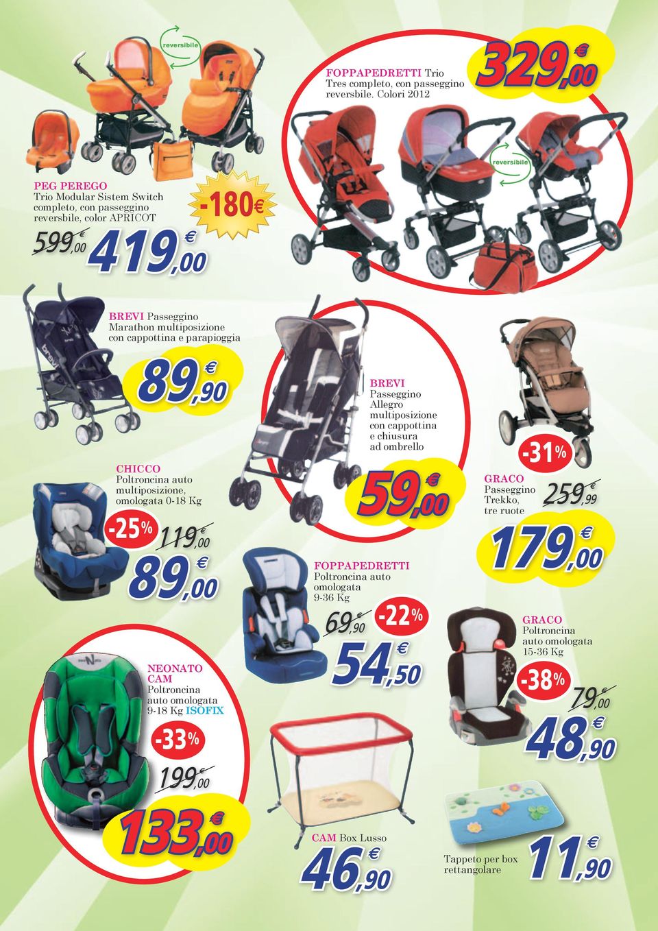 parapioggia 89,90 CHICCO Poltroncina auto multiposizion, omologata 0-18 Kg NEONATO CAM Poltroncina auto omologata 9-18 Kg isofix -33 % 199,00 BREVI Passggino Allgro multiposizion