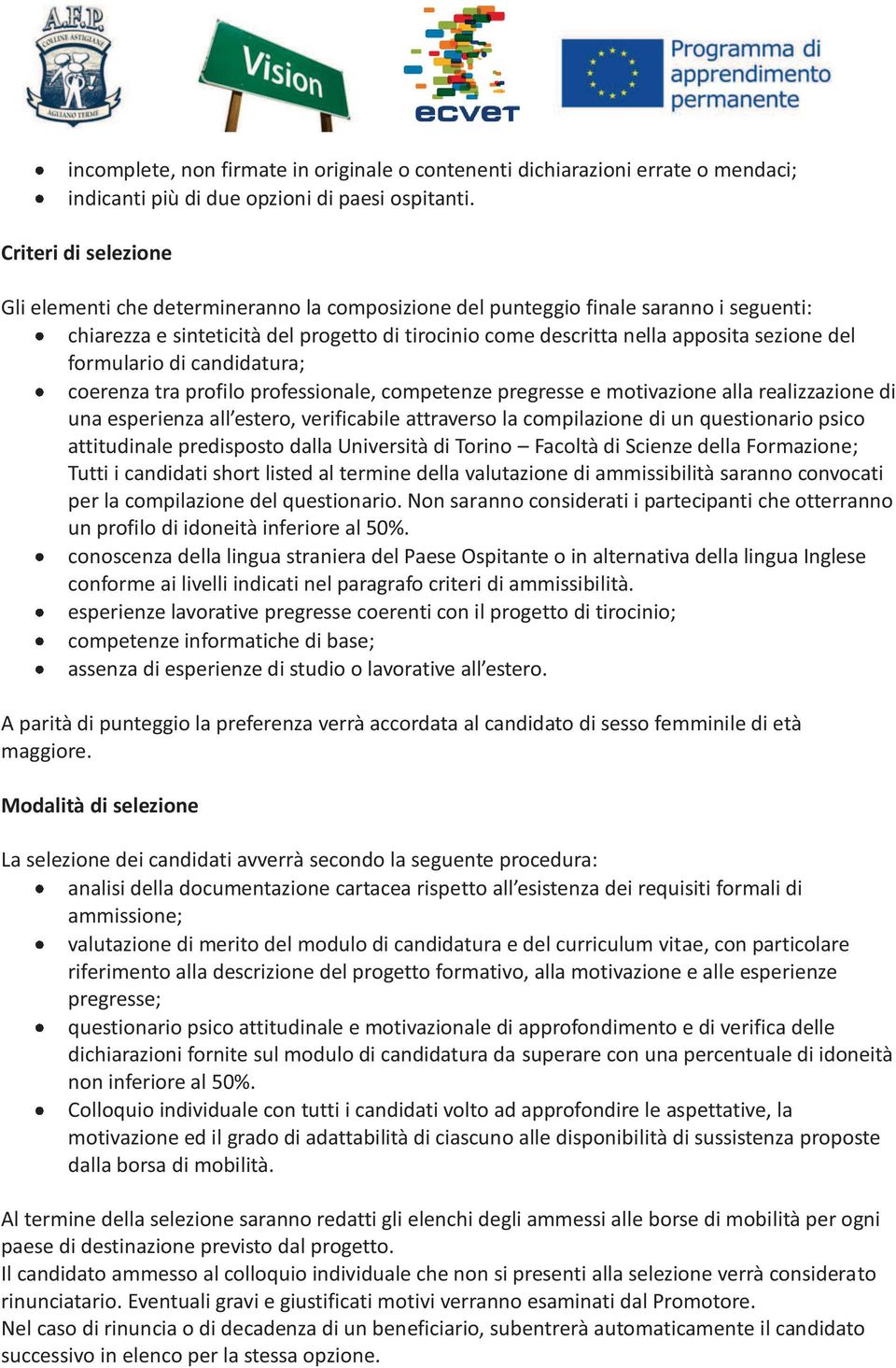 del formulario di candidatura; coerenza tra profilo professionale, competenze pregresse e motivazione alla realizzazione di una esperienza all estero, verificabile attraverso la compilazione di un