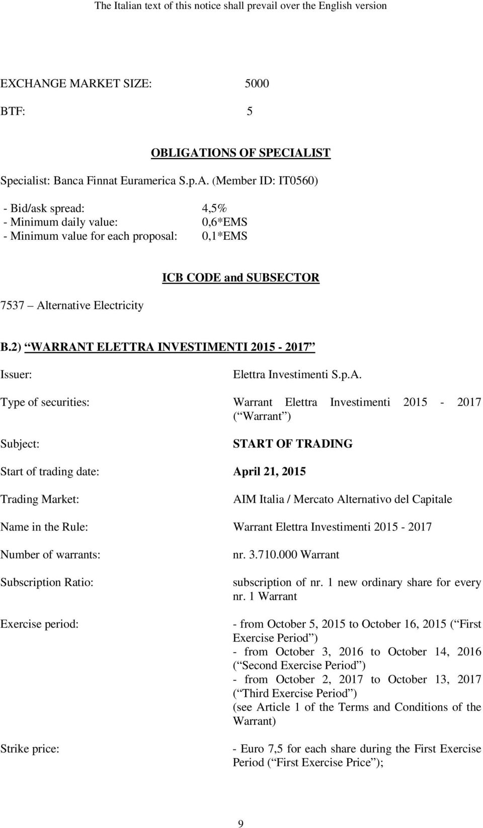 2) WARRANT ELETTRA INVESTIMENTI 2015-2017 Issuer: Type of securities: Warrant Elettra Investimenti 2015-2017 ( Warrant ) Subject: START OF TRADING Start of trading date: April 21, 2015 Trading