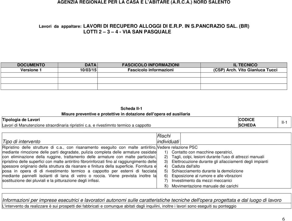 Vito Gianluca Tucci Scheda II-1 Misure preventive e protettive in dotazione dell'opera ed ausiliaria Tipologia de Lavori CODICE Lavori di Manutenzione straordinaria ripristini c.a. e rivestimnto termico a cappotto SCHEDA II-1 Rischi Tipo di intervento individuati Ripristino delle strutture di c.