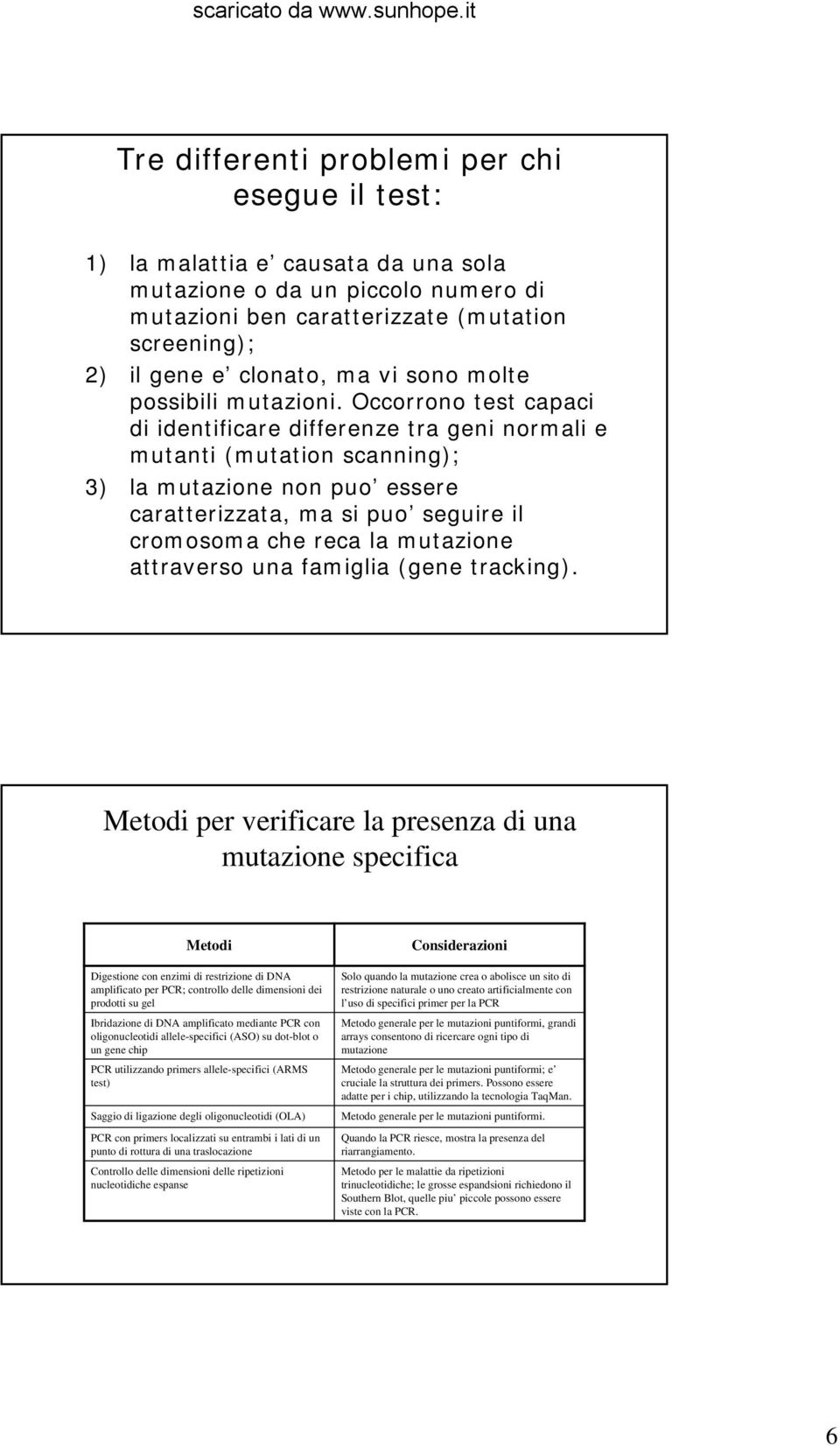 Occorrono test capaci di identificare differenze tra geni normali e mutanti (mutation scanning); 3) la mutazione non puo essere caratterizzata, ma si puo seguire il cromosoma che reca la mutazione