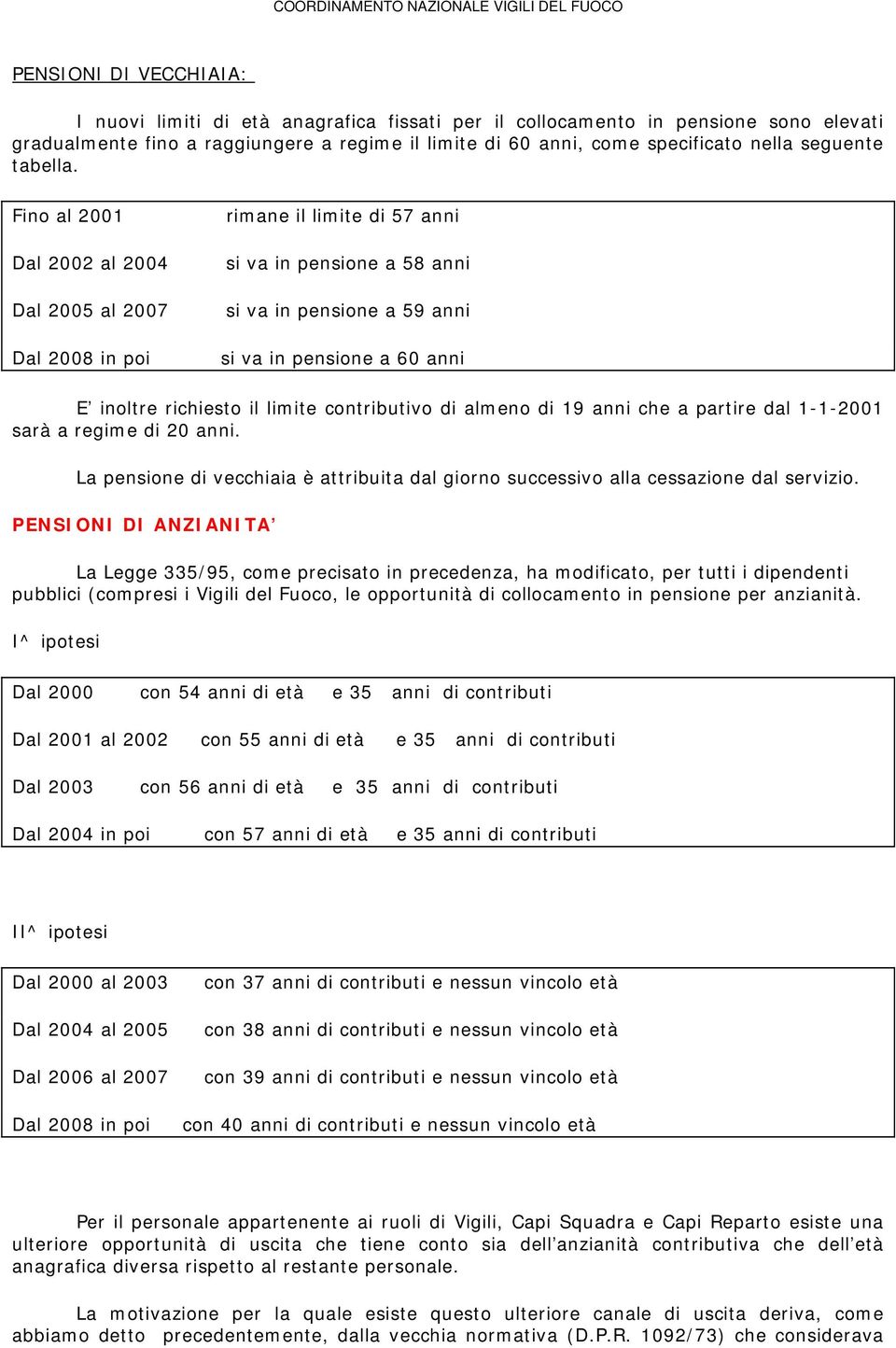 Fino al 2001 Dal 2002 al 2004 Dal 2005 al 2007 Dal 2008 in poi rimane il limite di 57 anni si va in pensione a 58 anni si va in pensione a 59 anni si va in pensione a 60 anni E inoltre richiesto il