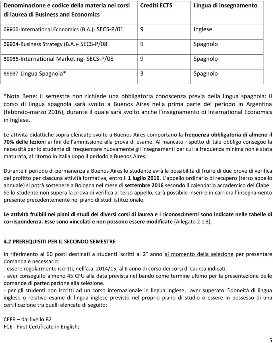 )- SECS-P/08 9 Spagnolo 69965-International Marketing- SECS-P/08 9 Spagnolo 69967-Lingua Spagnola* 3 Spagnolo *Nota Bene: il semestre non richiede una obbligatoria conoscenza previa della lingua