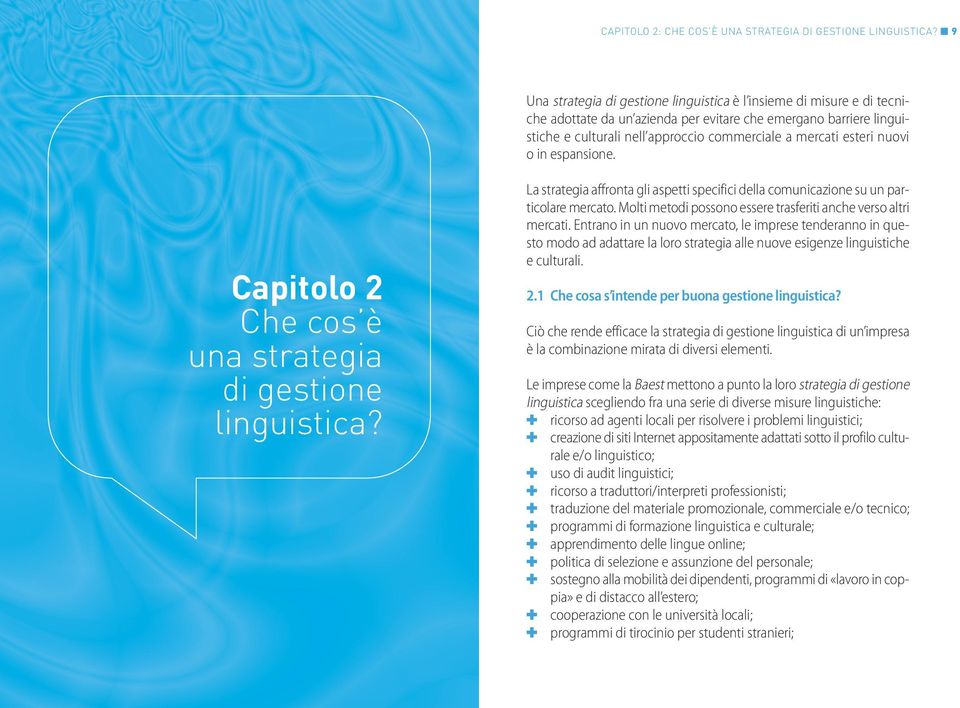 esteri nuovi o in espansione. Capitolo 2 Che cos è una strategia di gestione linguistica? La strategia affronta gli aspetti specifici della comunicazione su un particolare mercato.