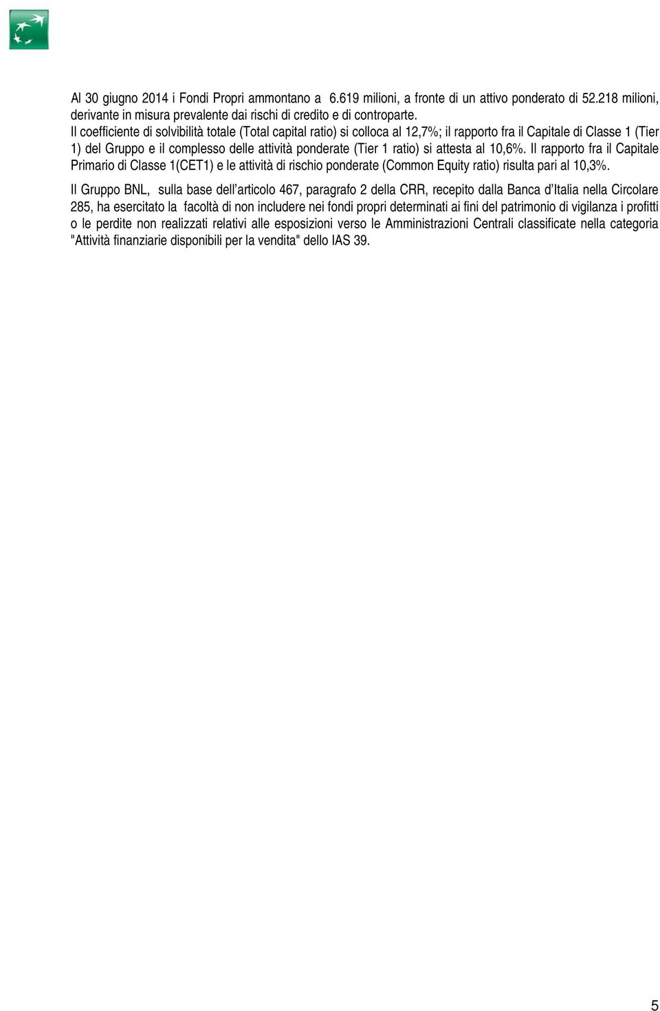 attesta al 10,6%. Il rapporto fra il Capitale Primario di Classe 1(CET1) e le attività di rischio ponderate (Common Equity ratio) risulta pari al 10,3%.