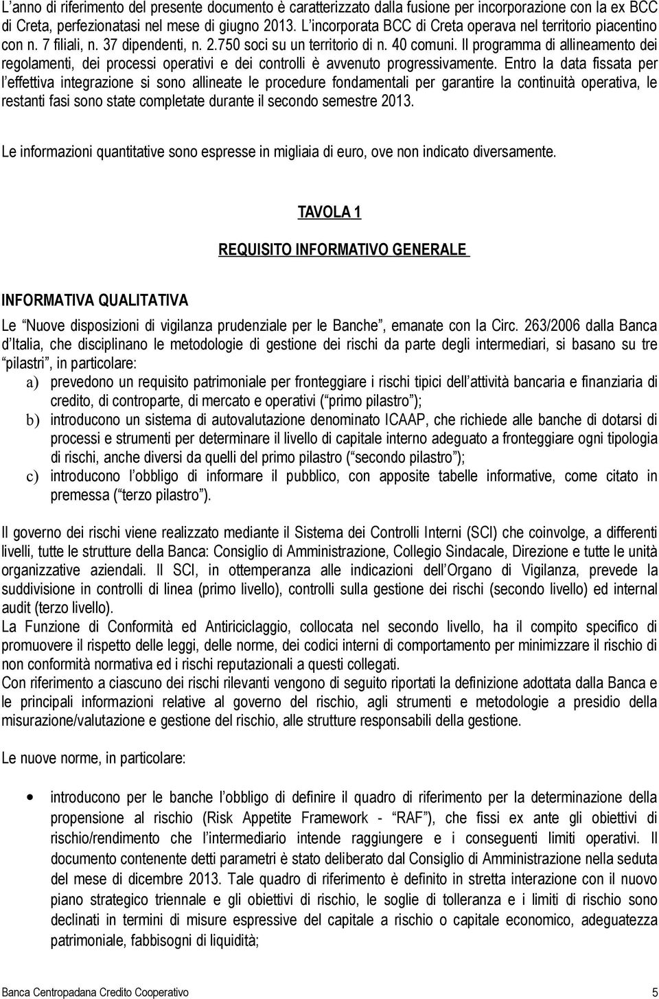 Il programma di allineamento dei regolamenti, dei processi operativi e dei controlli è avvenuto progressivamente.