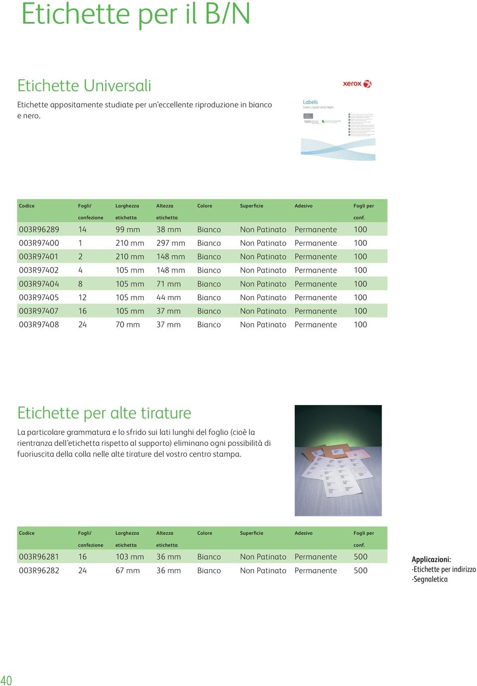 003R96289 14 99 mm 38 mm Bianco Non Patinato Permanente 100 003R97400 1 210 mm 297 mm Bianco Non Patinato Permanente 100 003R97401 2 210 mm 148 mm Bianco Non Patinato Permanente 100 003R97402 4 105