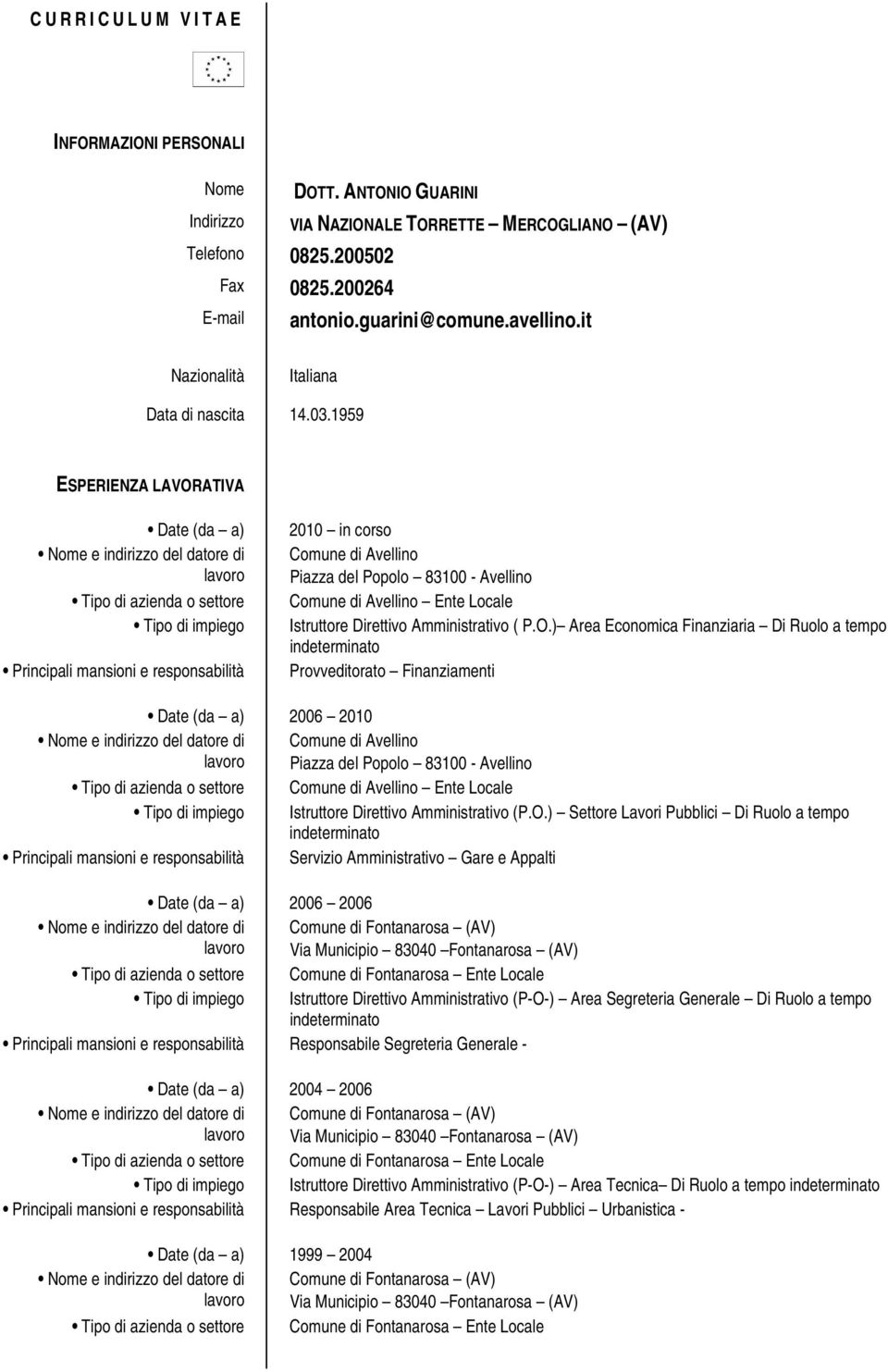 1959 ESPERIENZA LAVORATIVA Date (da a) Tipo di azienda o settore Tipo di impiego Principali mansioni e responsabilità 2010 in corso Comune di Avellino Piazza del Popolo 83100 - Avellino Comune di