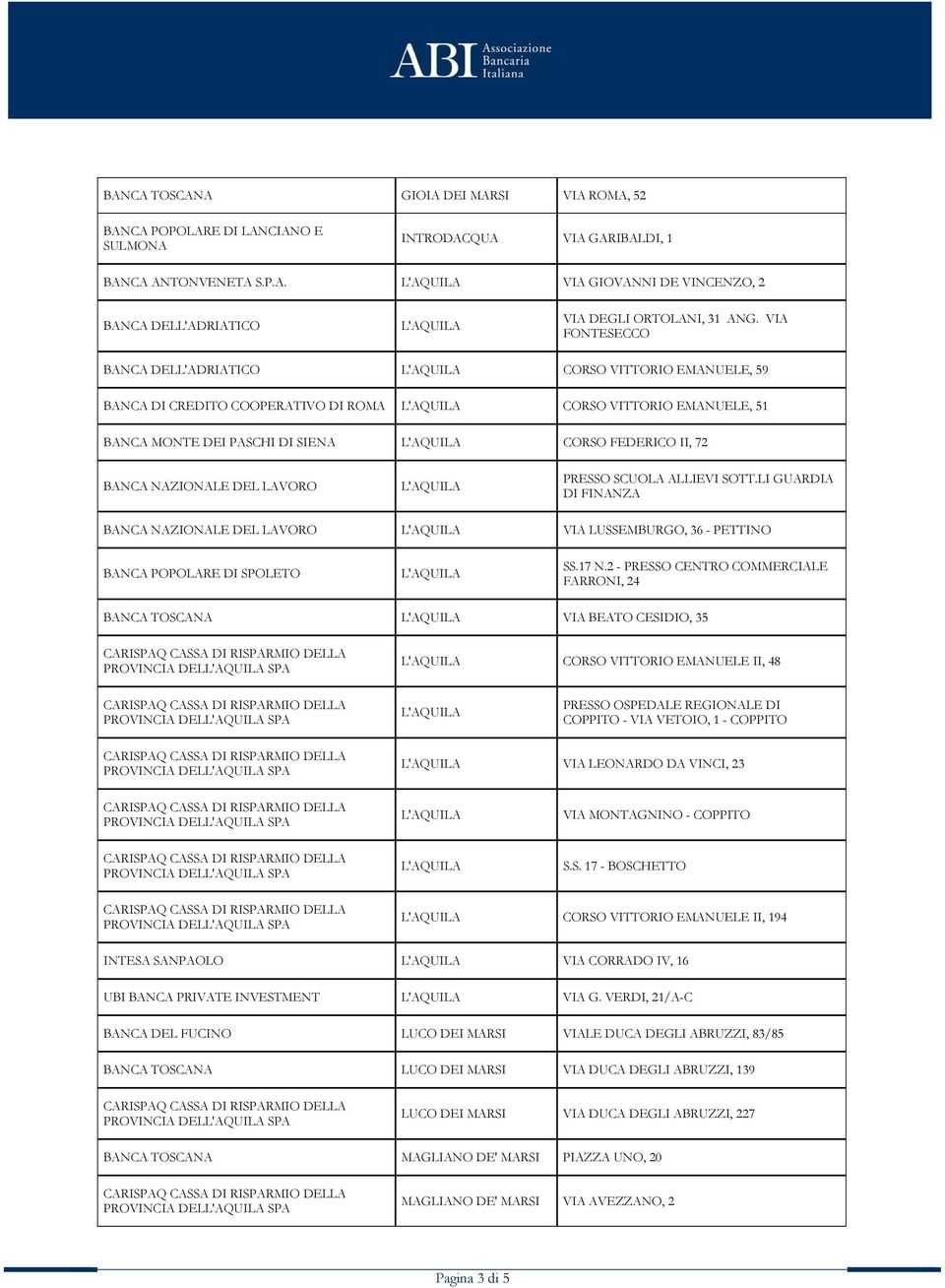 SOTT.LI GUARDIA DI FINANZA BANCA NAZIONALE DEL LAVORO VIA LUSSEMBURGO, 36 - PETTINO BANCA POPOLARE DI SPOLETO SS.17 N.