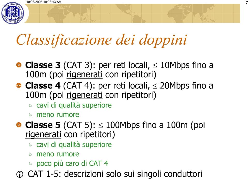 ripetitori) cavi di qualità superiore meno rumore Classe 5 (CAT 5): 100Mbps fino a 100m (poi rigenerati con