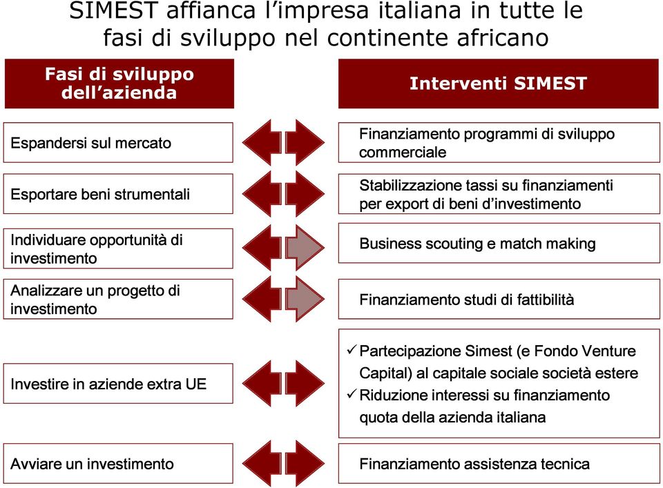 commerciale Stabilizzazione tassi su finanziamenti per export di beni d investimento Business scouting e match making Finanziamento studi di fattibilità Partecipazione