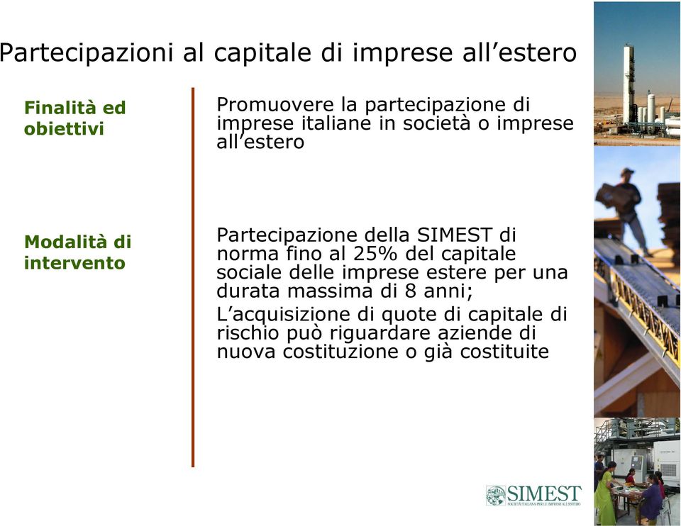 SIMEST di norma fino al 25% del capitale sociale delle imprese estere per una durata massima di 8