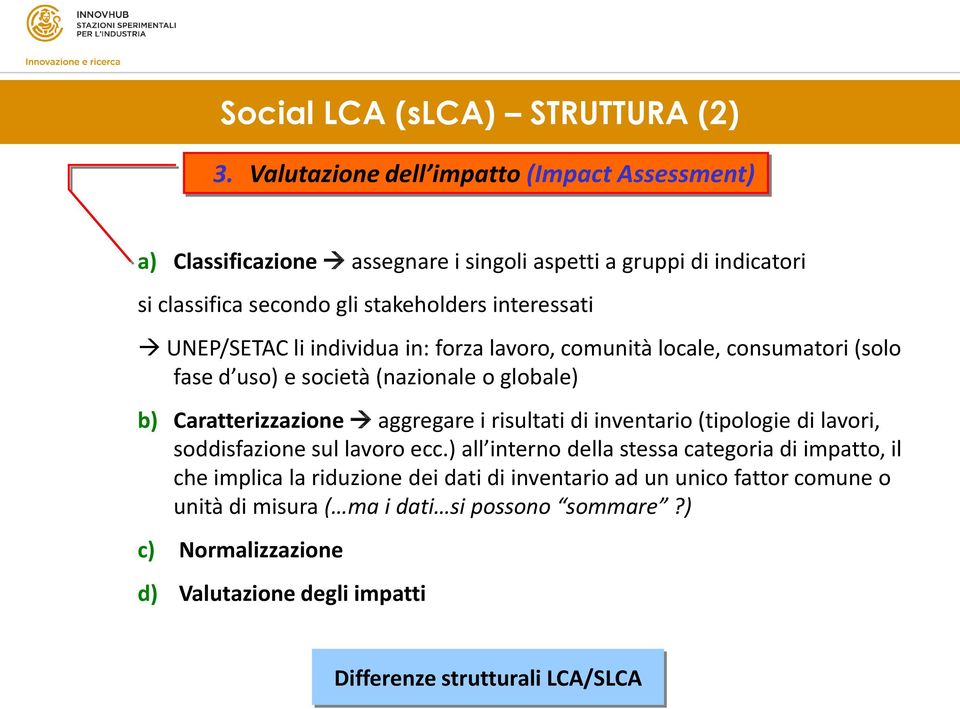 UNEP/SETAC li individua in: forza lavoro, comunità locale, consumatori (solo fase d uso) e società (nazionale o globale) b) Caratterizzazione aggregare i risultati di